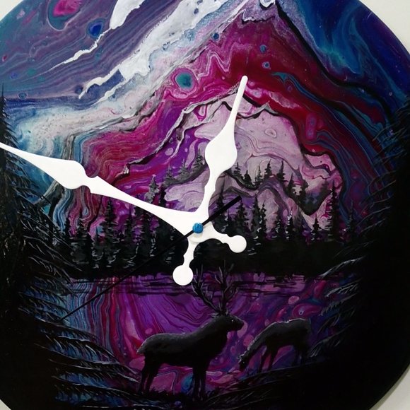 Hand Crafted Deer Silhouette Mountain Clock Original Painting Wall Art Essential - Picture 6 of 10
